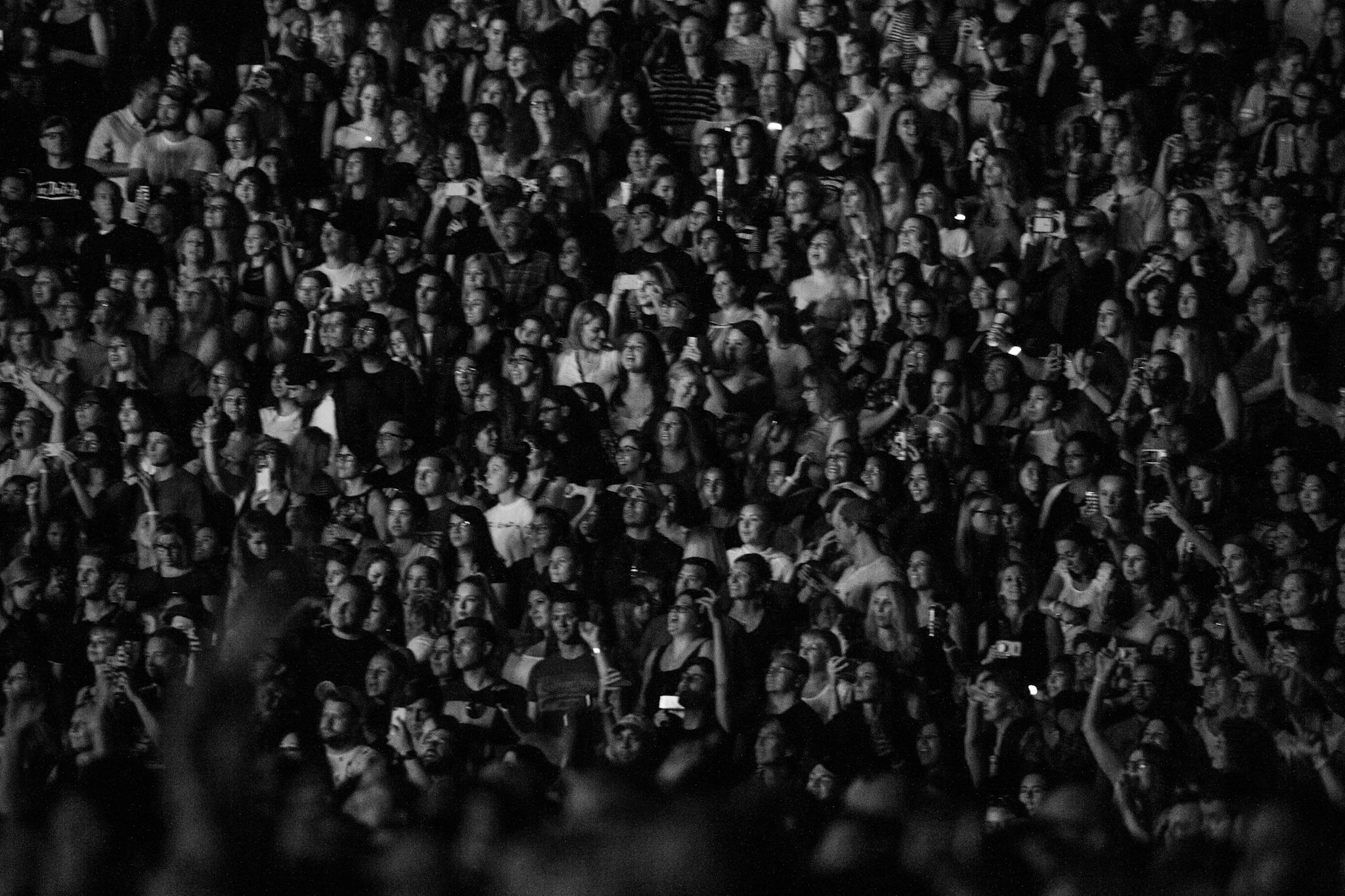 A large, energetic crowd enjoying a night concert, captured in black and white.